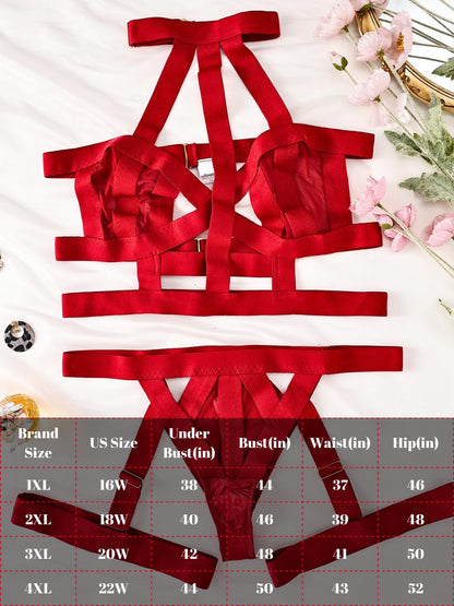 Curvy Lady's Strappy Lingerie For Women, Plus Size Exotic Garter Thong, BBW Halter Gifts For Him 3 Piece Set