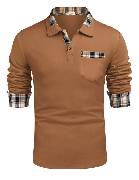COOFANDY Men's Casual Polo Shirt Long Sleeve Classic Plaid Button Tees with Pockets