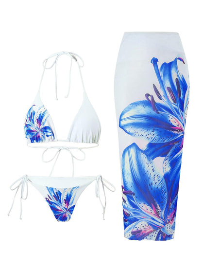 ZAFUL Womens 3pcs Swimsuit Floral Halter Triangle Bikini Top Tie Side Bottom with Long Sheer Cover Up Skirt