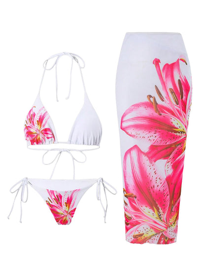 ZAFUL Womens 3pcs Swimsuit Floral Halter Triangle Bikini Top Tie Side Bottom with Long Sheer Cover Up Skirt