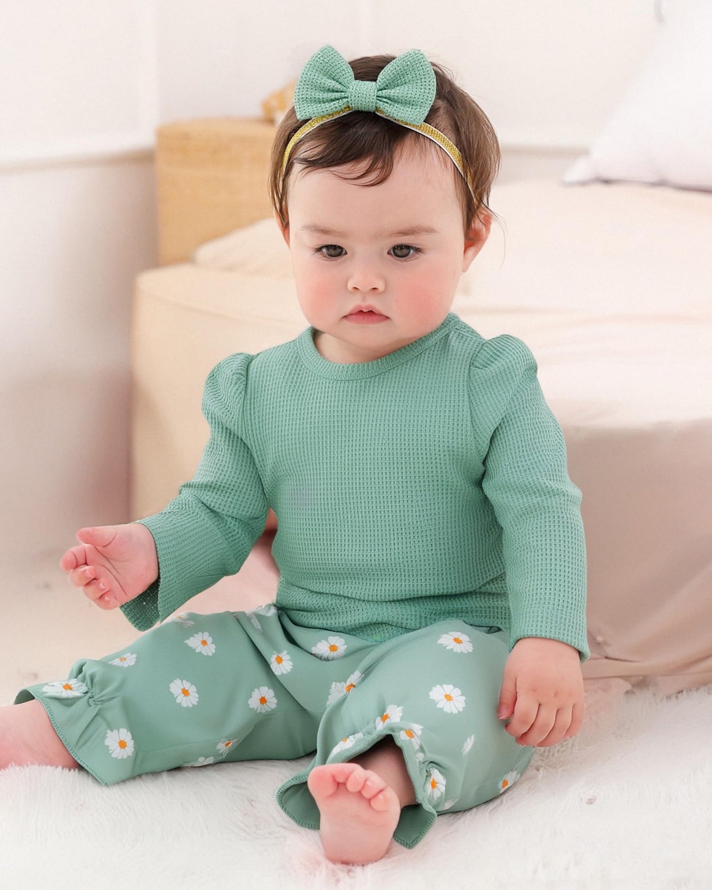 Mioglrie Baby Girl Clothes Newborn Girl Fall Winter Outfits Pants Set Preemie Clothing Headband 0 3 6 12 18 Months