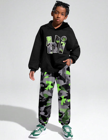 Boys Clothes Camo Boys Outfits Letter Printing Pullover Hoodie and Pants 2Pcs Winter Kids Clothes Boys for 7-14 Years