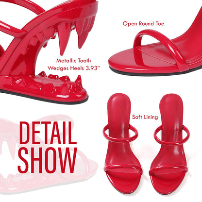 Goiphrri Wedge Sandals for Women Strappy Heels Round Open Toe Heels Metallic Shark Tiger Teeth heeled Sandals Flip Flops Thong Womens Mules Slip on Party Dress Wedding Ceremony