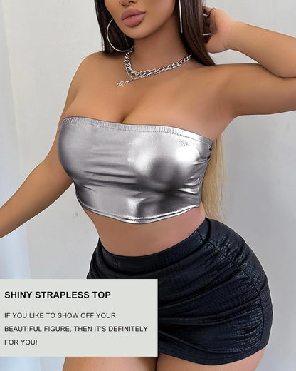 Women's Metallic Shiny Tube Top - Strapless Party Crop Top for Rave, Festival & Night Out