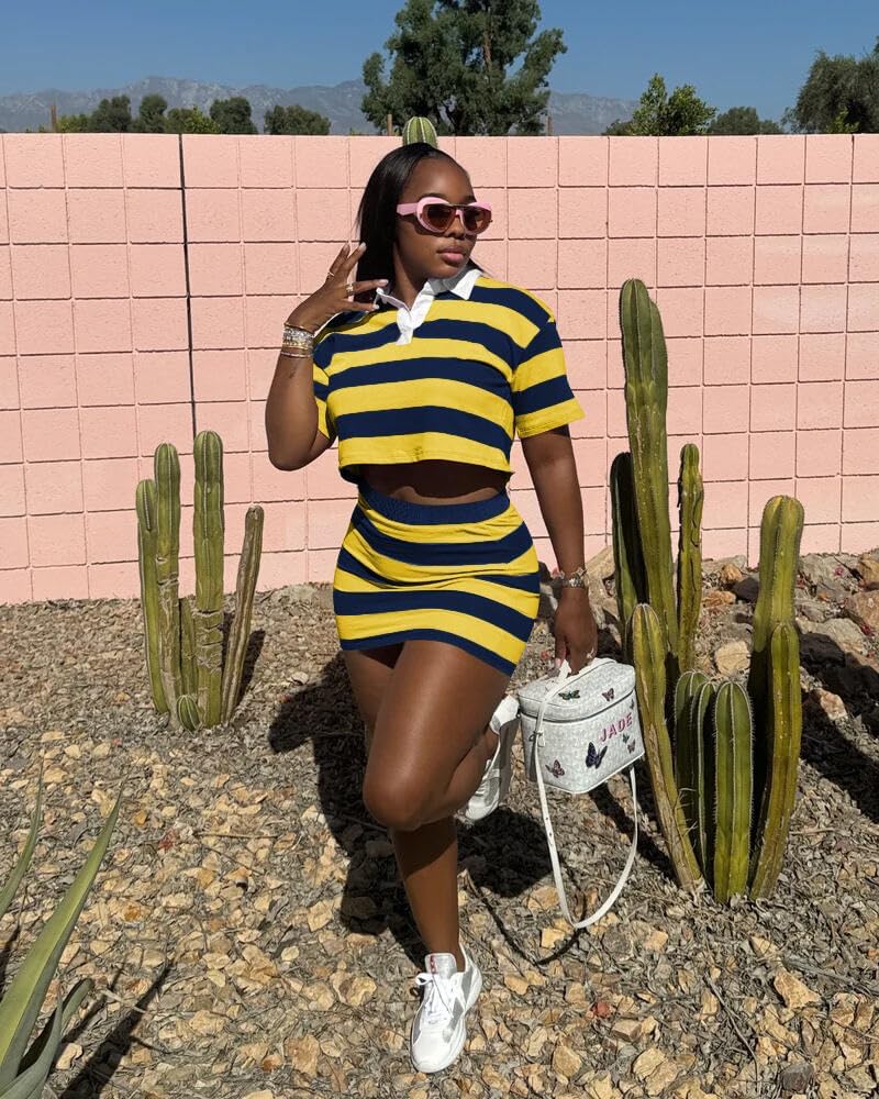 HBQ Women's Casual Two Piece Skirt Sets Polo Collar Crop Top Striped Mini Dress Summer Vacation-Stripe