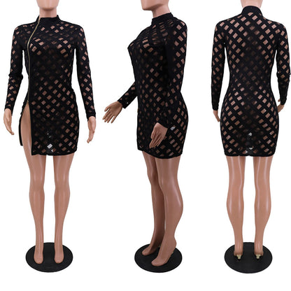 Uni Clau Women Sexy Sheer Mesh Boydcon Midi Dress See Through Printed Long Sleeve Midi Skinny Clubwear Party Dress