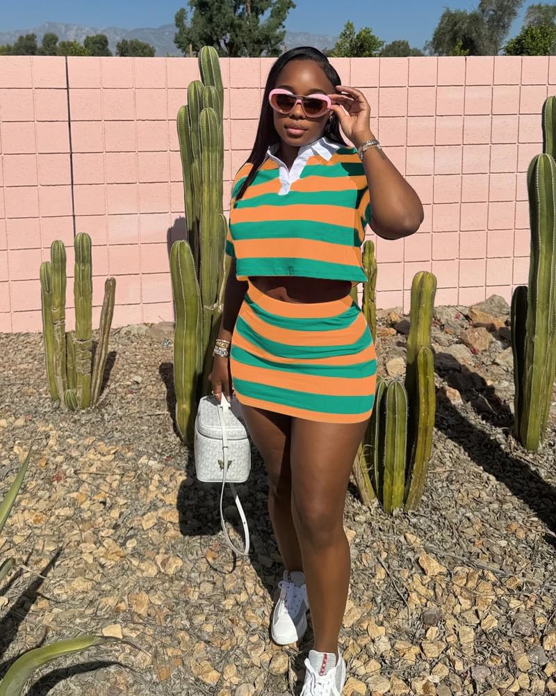 HBQ Women's Casual Two Piece Skirt Sets Polo Collar Crop Top Striped Mini Dress Summer Vacation-Stripe