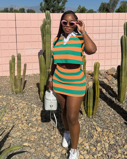 HBQ Women's Casual Two Piece Skirt Sets Polo Collar Crop Top Striped Mini Dress Summer Vacation-Stripe