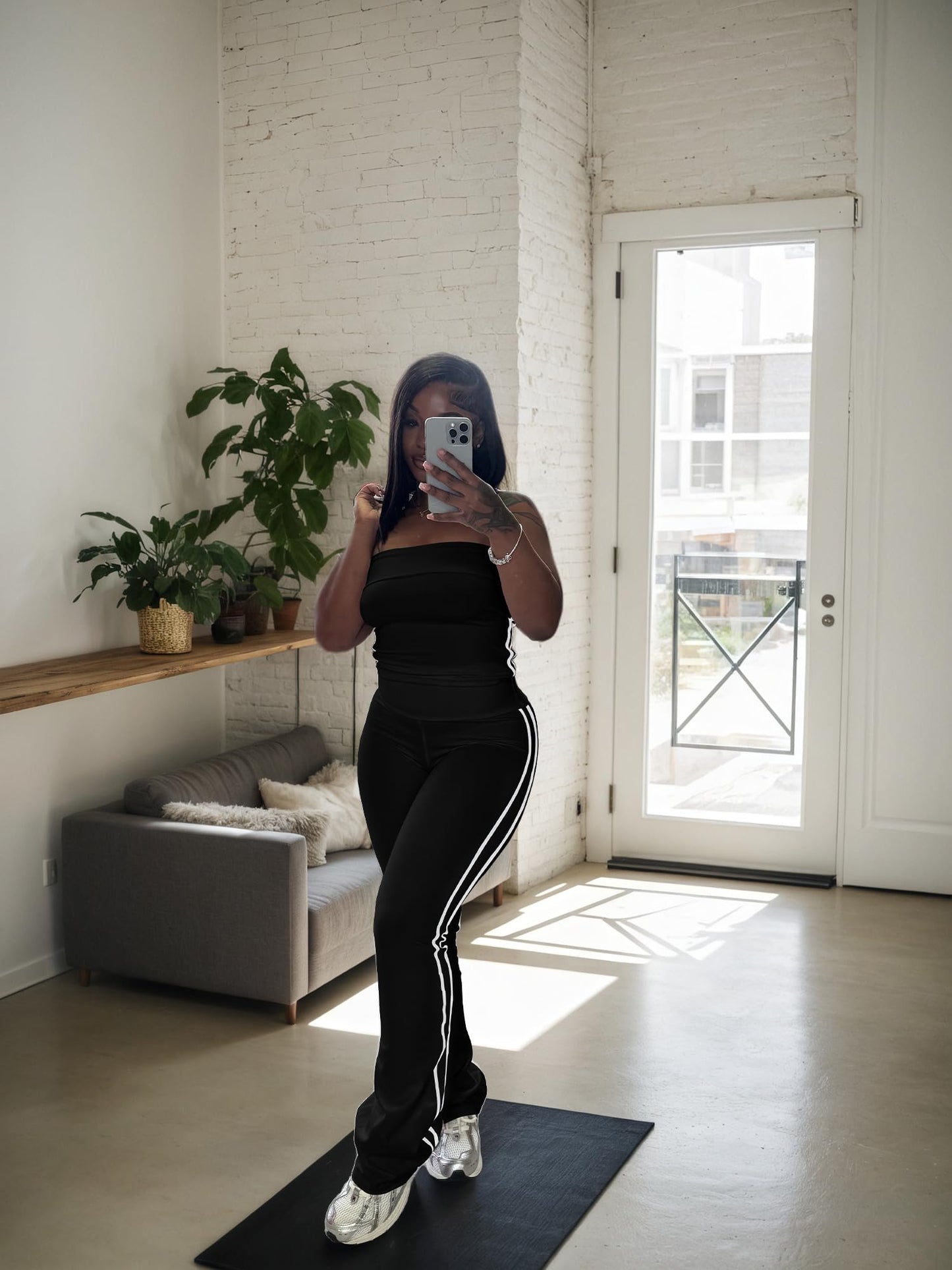 HBQ Women Two Piece Outfits Strapless Crop Top and Flare Pants Casual Stripe Lounge Sets Tracksuits