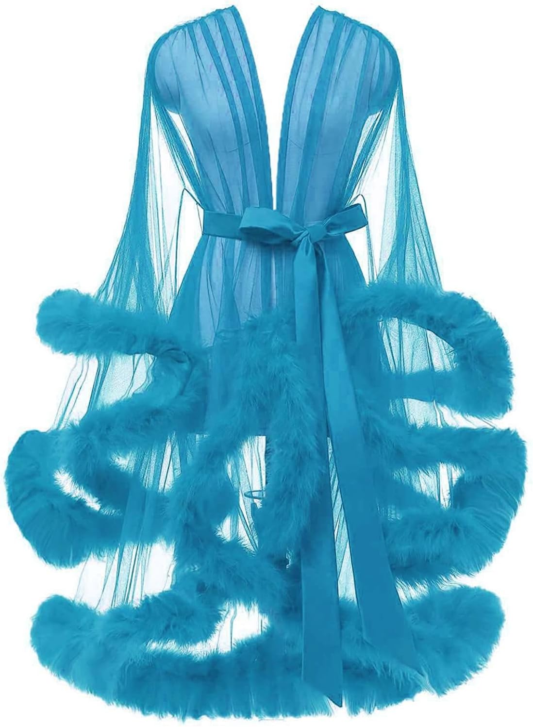 Tulle Feather Robe Sexy Sheer Mesh Fur Bridal Illusion Boudoir Bathrobe Nightgown Christmas Lingerie