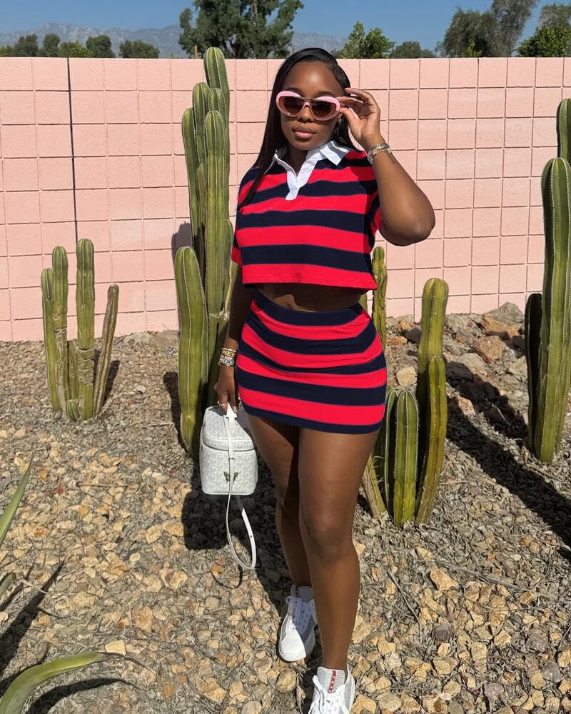 HBQ Women's Casual Two Piece Skirt Sets Polo Collar Crop Top Striped Mini Dress Summer Vacation-Stripe