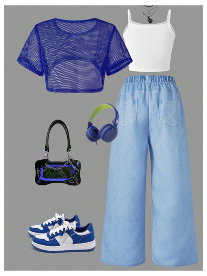 SOLY HUX Girl's Graphic 3 Piece Outfits Sheer Crop Tee and Cami Top with Jeans Pants Set