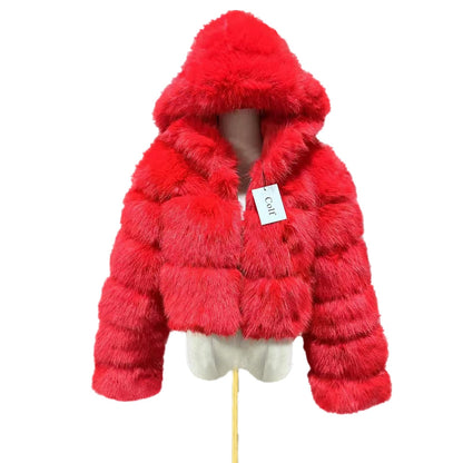 Colf Women's Winter Parka Coat Long Sleeve Faux Fur Coat with Hooded Warm Short Overcoat Jacket