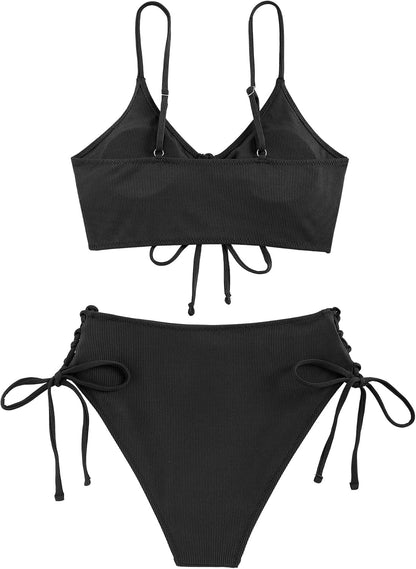 ZAFUL Women V Neck Bikini Set Ruched Tie Front High Waisted Floral Print Ribbed 2 Piece Bathing Suit Swimsuits