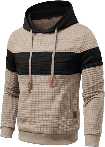 Men’s Sweatshirts Long Sleeve Pullover Patchwork Plaid Jacquard Hoodie Casual Drawstring Hoody Top