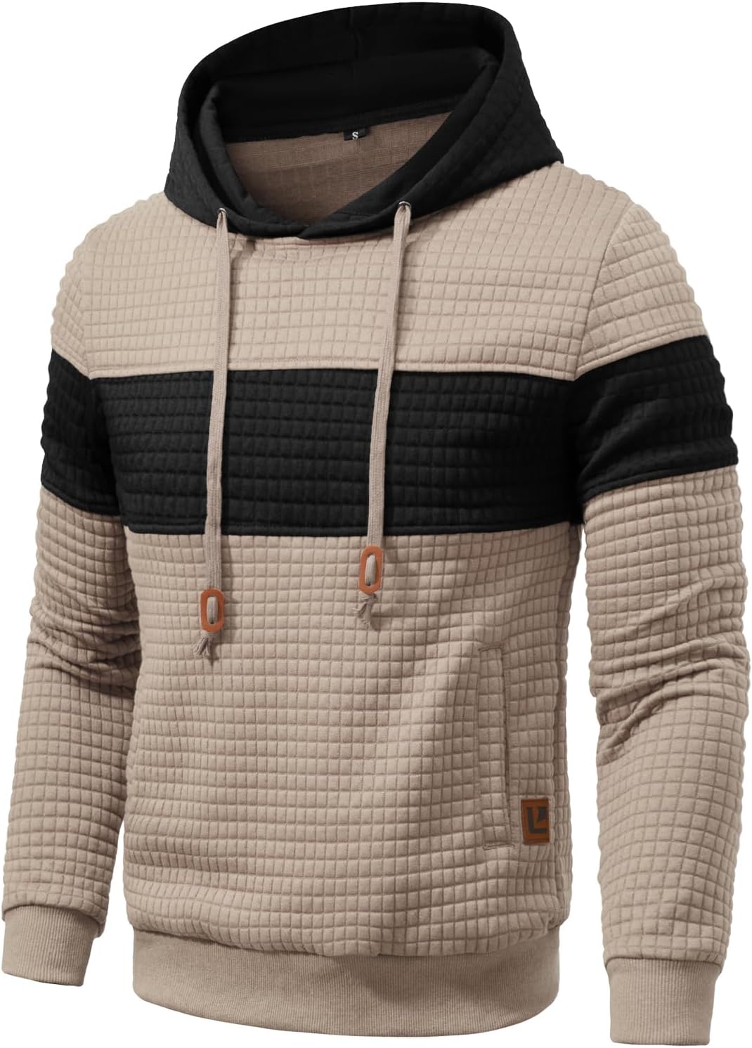 Men’s Sweatshirts Long Sleeve Pullover Patchwork Plaid Jacquard Hoodie Casual Drawstring Hoody Top