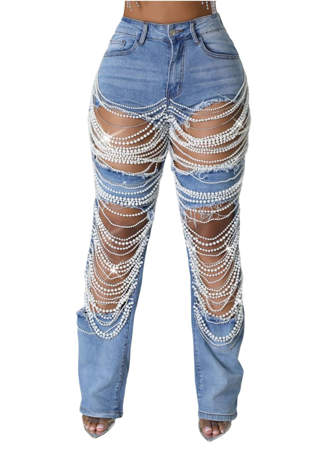 Womens Sexy Ripped Jeans High Waisted Rhinestones Pearl Chains Distressed Baggy Jeans Party Clubwear Denim Pants