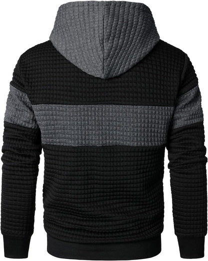 Men’s Sweatshirts Long Sleeve Pullover Patchwork Plaid Jacquard Hoodie Casual Drawstring Hoody Top