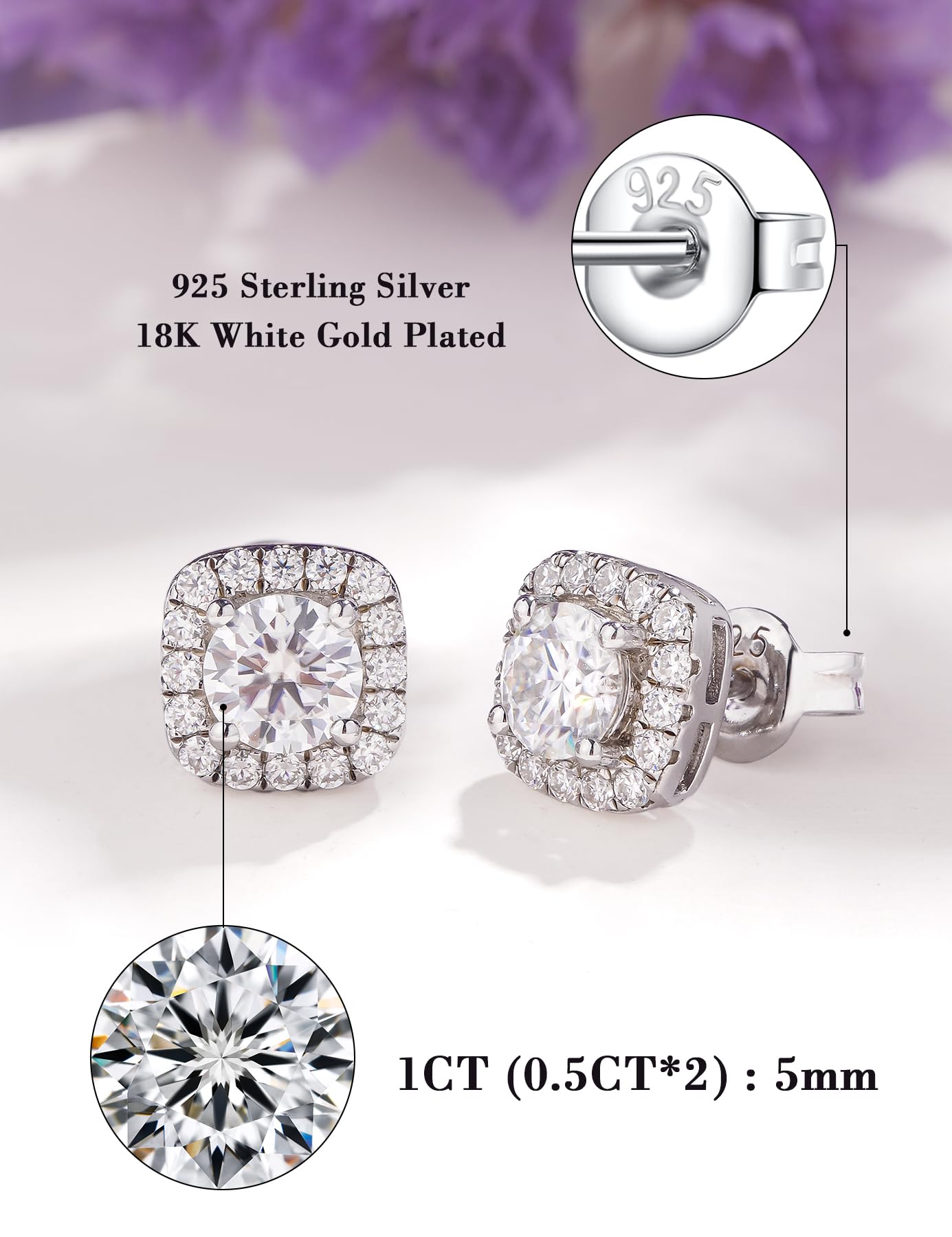 IMOLOVE Moissanite Stud Earrings for Women in Sterling Silver Hypoallergenic 1-3CT D Color Round Cut Moissante Earrings