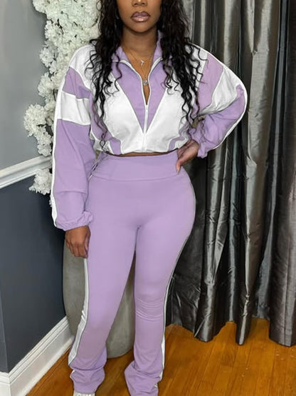 Women 2 Piece Outfit Long Sleeve Zip Up Crop Jacket High Waist Stretchy Pants