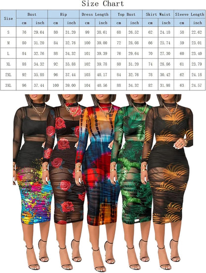 Women Sexy See Through Mesh Long Sleeve Ruched Midi Dresses Crop Top Bodycon Skirt 3 Piece Outfits Set Clubwear
