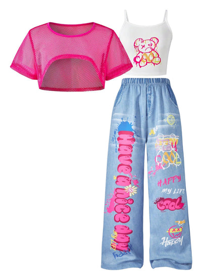 SOLY HUX Girl's Graphic 3 Piece Outfits Sheer Crop Tee and Cami Top with Jeans Pants Set