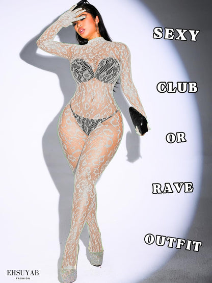Sexy Lace Leopard Jumpsuit For Women, Fishnet Bodysuit Glow Party Club, Poster One Piece Mesh Full Body Rave Outfits