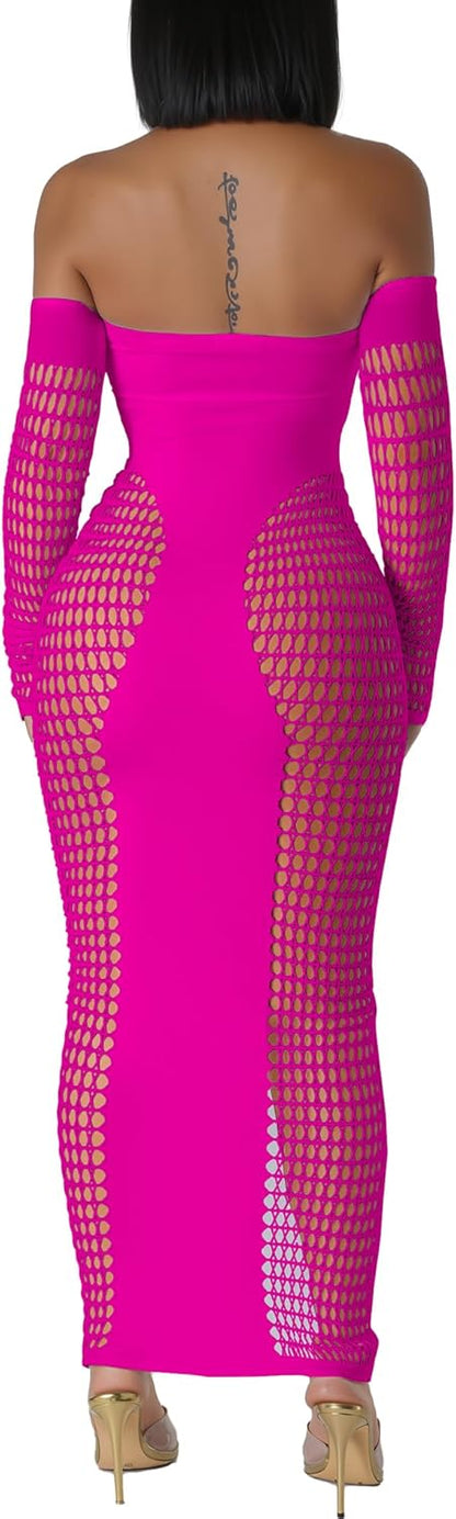 Women's Dress Sexy Club Dress Elegant Long Sleeve Off Shoulder Hollow Out Mesh Bodycon Party Dresses