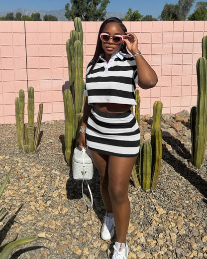 HBQ Women's Casual Two Piece Skirt Sets Polo Collar Crop Top Striped Mini Dress Summer Vacation-Stripe