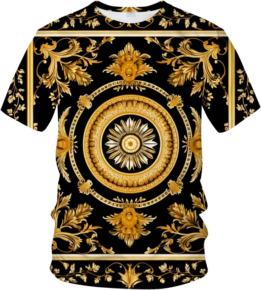 LAOLIUSN Men's Gold Shiny Printed T-Shirt - Golden Ornate Theme, Floral Graphic Tee Shirt
