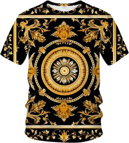 LAOLIUSN Men's Gold Shiny Printed T-Shirt - Golden Ornate Theme, Floral Graphic Tee Shirt