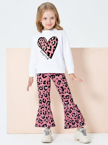 Toddler Girl Clothes Long Sleeve Cartoon & Letter Graphic Top + Fruit Stationery Print Flared Leg Pants