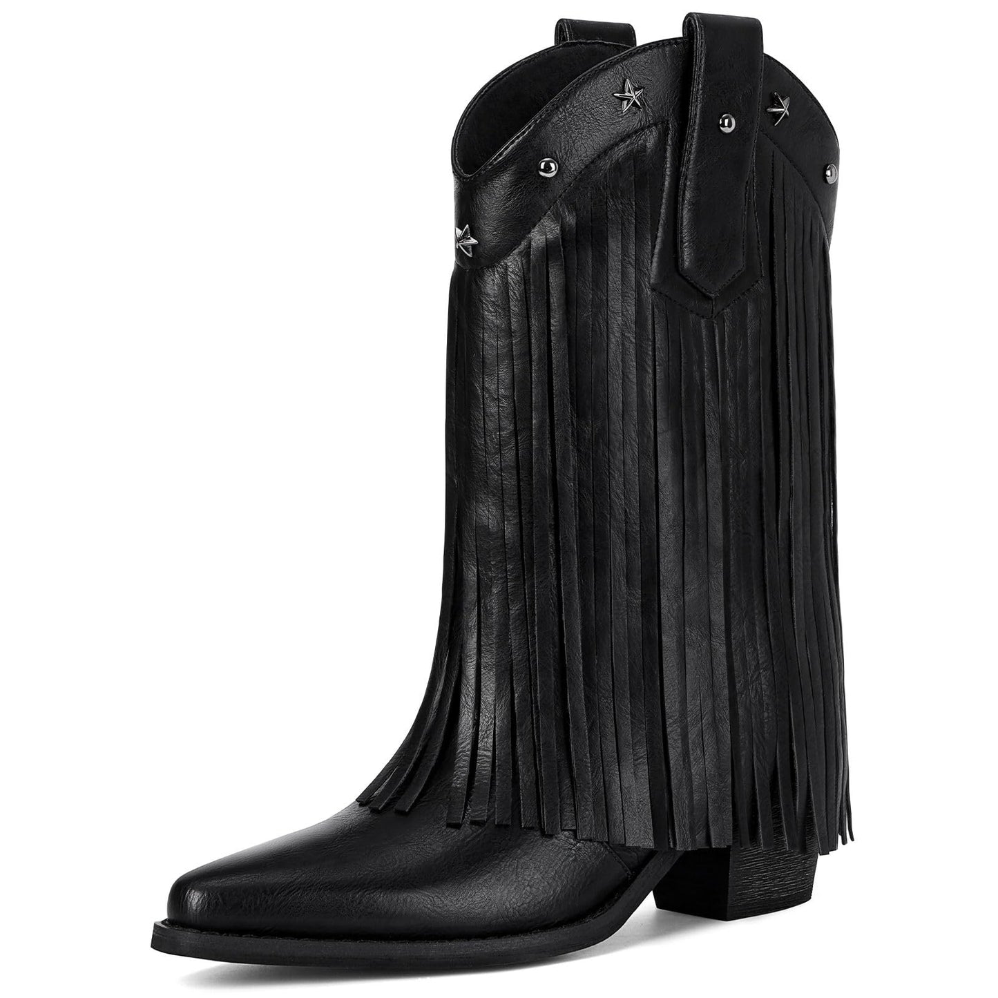 Fringe Cowboy Boots for Women – Mid Calf Cowgirl Boots with Star Studded, Pointed Toe and Chunky Heel, Perfect for Country Music Festivals