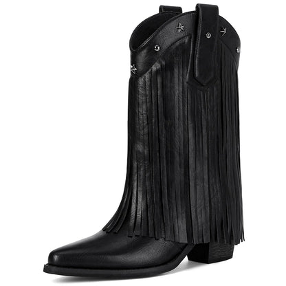 Fringe Cowboy Boots for Women – Mid Calf Cowgirl Boots with Star Studded, Pointed Toe and Chunky Heel, Perfect for Country Music Festivals