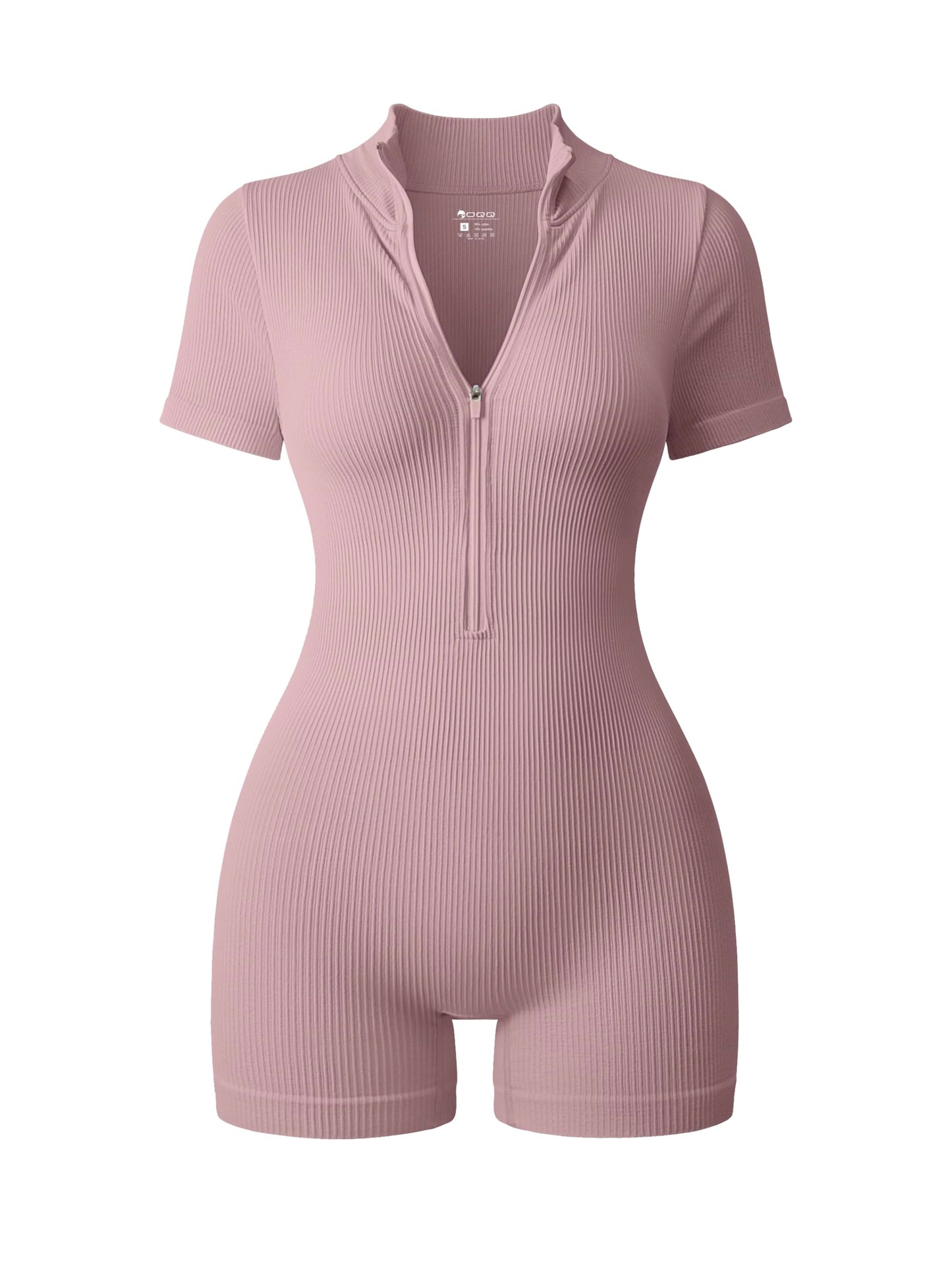 OQQ Women Rompers Ribbed Short Sleeve Zip Front Stretch Tummy Control Yoga Workout Rompers