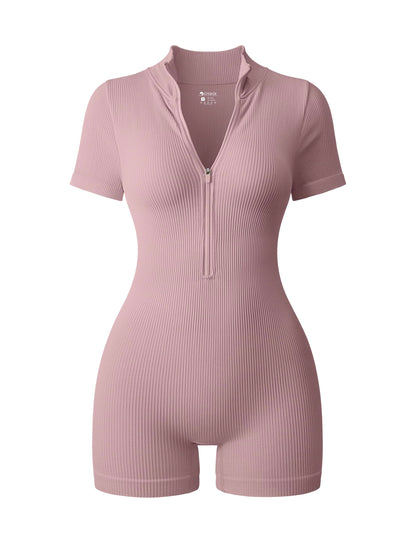OQQ Women Rompers Ribbed Short Sleeve Zip Front Stretch Tummy Control Yoga Workout Rompers