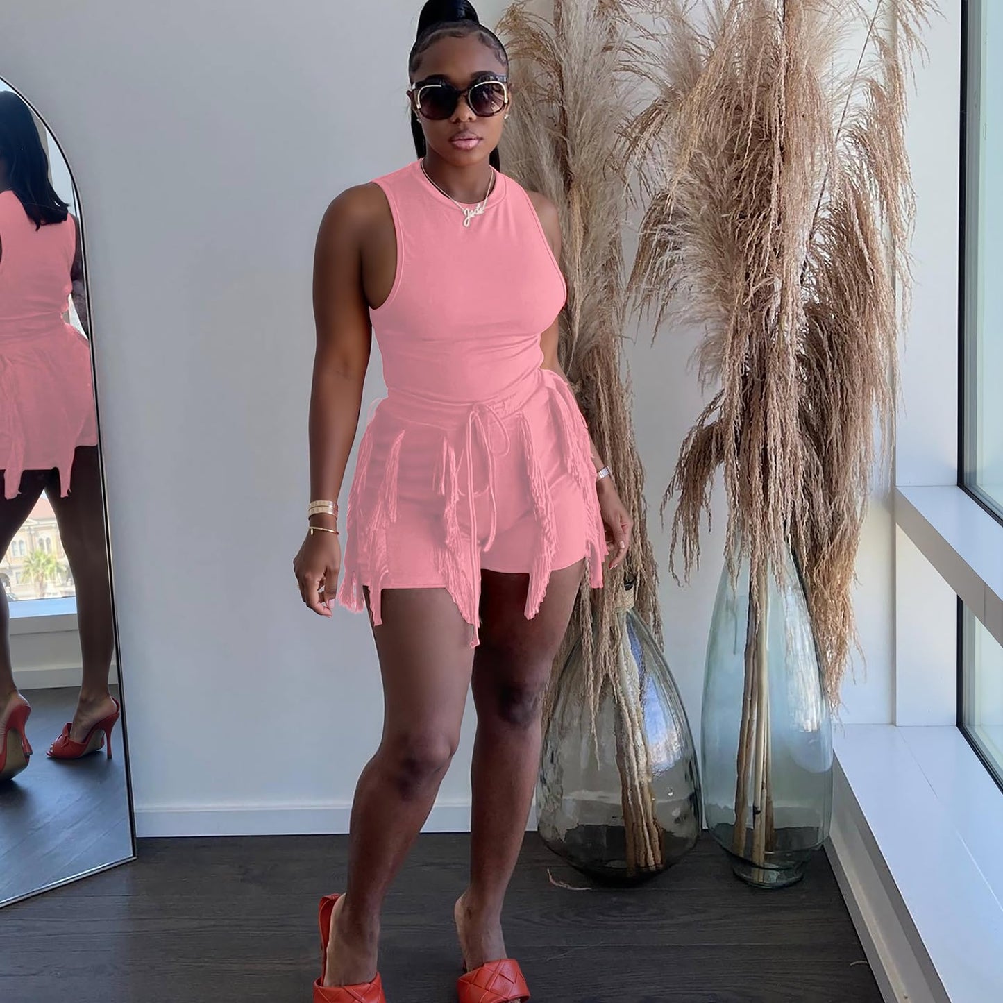 Elainone Two Piece Outfits for Women Sexy Bodycon Sleeveless Tops Drawstring Waist Shorts Sets