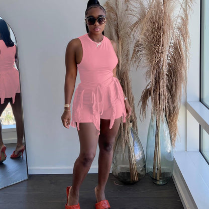 Elainone Two Piece Outfits for Women Sexy Bodycon Sleeveless Tops Drawstring Waist Shorts Sets