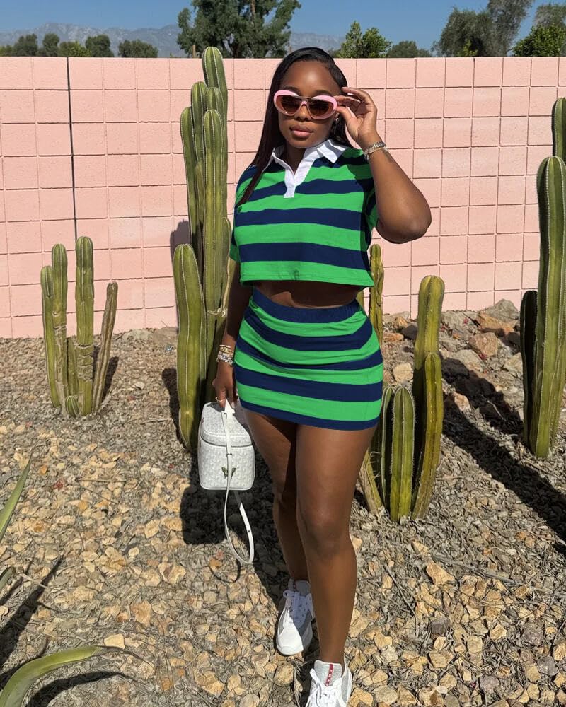 HBQ Women's Casual Two Piece Skirt Sets Polo Collar Crop Top Striped Mini Dress Summer Vacation-Stripe