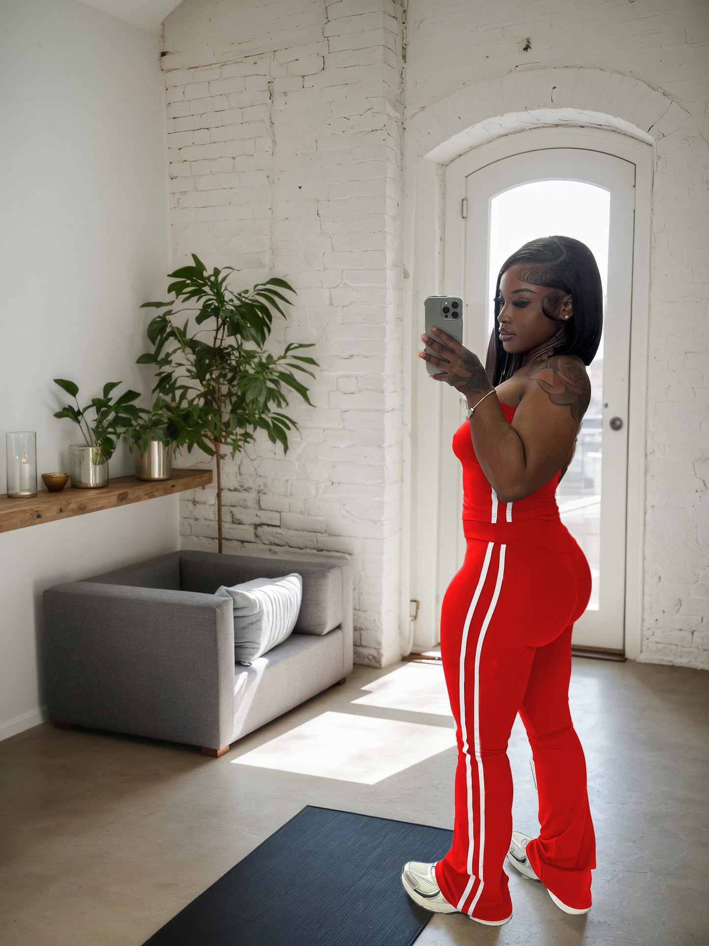 HBQ Women Two Piece Outfits Strapless Crop Top and Flare Pants Casual Stripe Lounge Sets Tracksuits