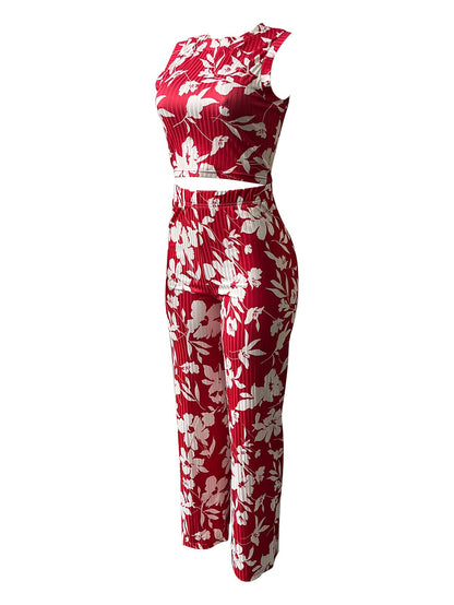 Womens Trendy Ribbed Knit 2 Piece Outfit Sleeveless Crop Top and High Waist Wide Leg Pants Matching Lounge Set