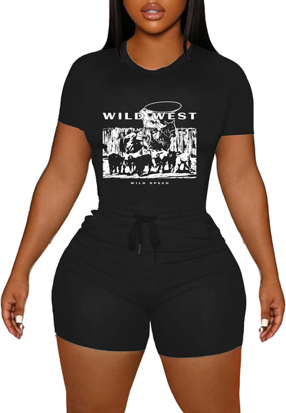 LovelyWholesale Women's Summer 2 Piece Outfits Skinny Shorts Tracksuit Sets