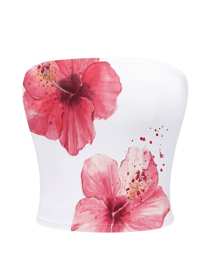 WDIRARA Women's Floral Print Strapless Crop Tube Tops Slim Fit Summer Causal Bandeau Top