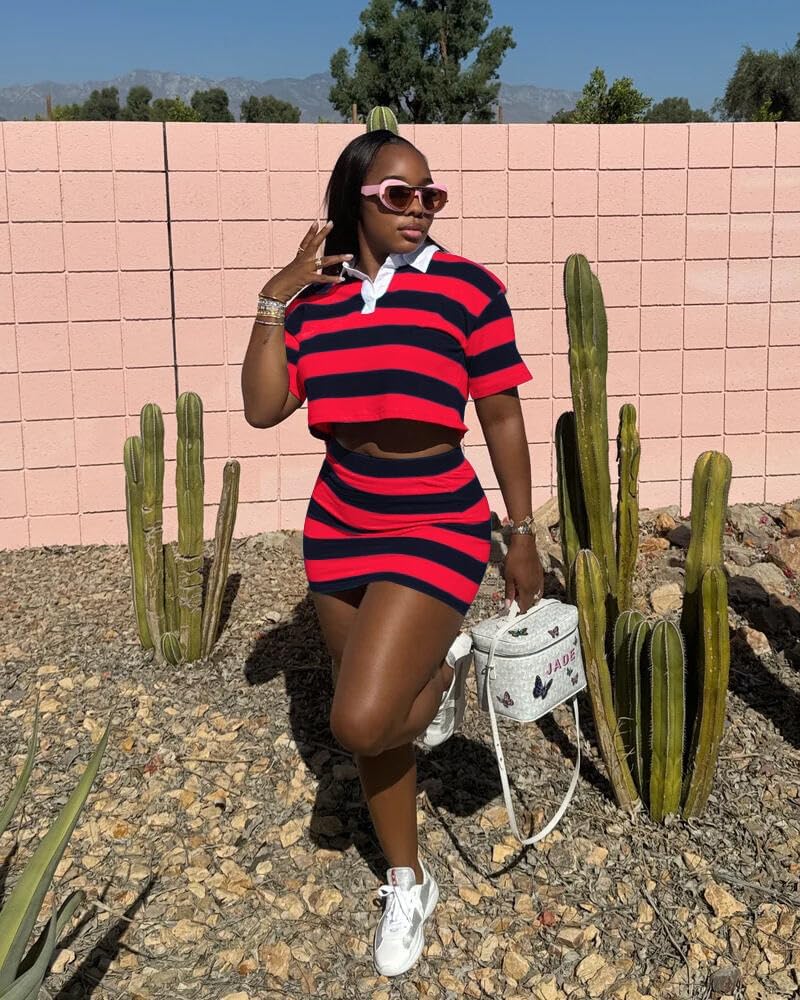 HBQ Women's Casual Two Piece Skirt Sets Polo Collar Crop Top Striped Mini Dress Summer Vacation-Stripe