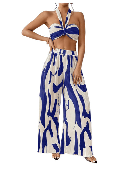 OYOANGLE Women's 2 Piece Outfits Graphic Print Knitted Crop Halter Top and Wide Leg Pants Set
