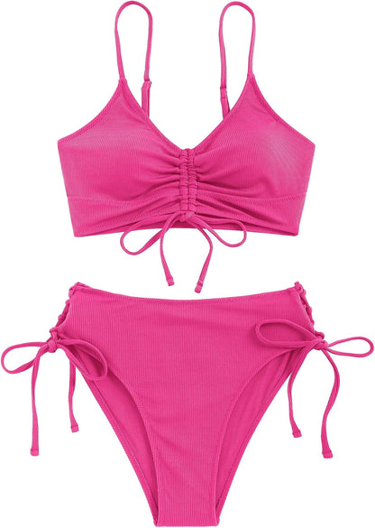 ZAFUL Women V Neck Bikini Set Ruched Tie Front High Waisted Floral Print Ribbed 2 Piece Bathing Suit Swimsuits