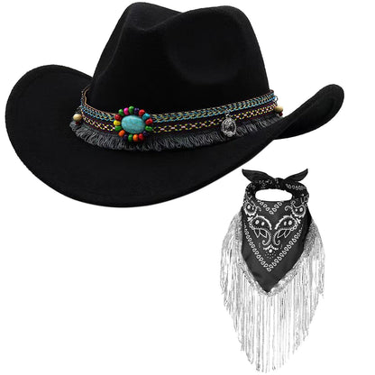 Ibeauti Cowboy Hat with Fringed Bandana Set for Women Wide Brim Western Cowgirl Hat Paisley Head Wrap Scarf
