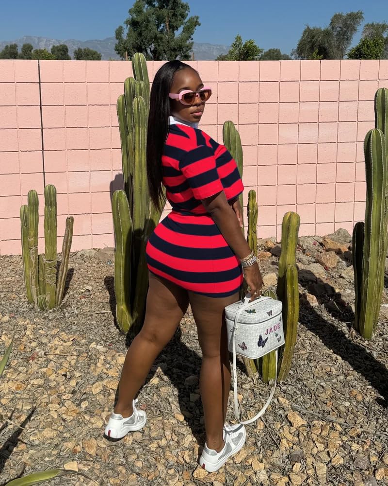 HBQ Women's Casual Two Piece Skirt Sets Polo Collar Crop Top Striped Mini Dress Summer Vacation-Stripe