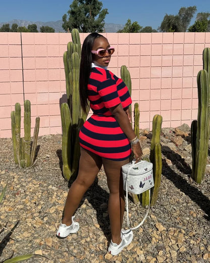 HBQ Women's Casual Two Piece Skirt Sets Polo Collar Crop Top Striped Mini Dress Summer Vacation-Stripe