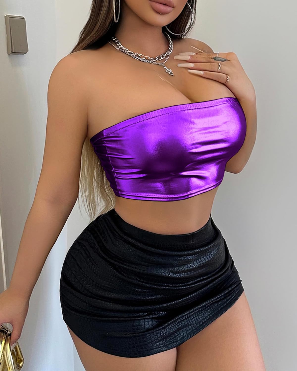 Women's Metallic Shiny Tube Top - Strapless Party Crop Top for Rave, Festival & Night Out